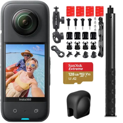 Insta360 X3 Motorcycle Kit Set – Camera + Accessories + 120cm Invisible Selfie Stick + 128gb Memory Card + Lens Cap