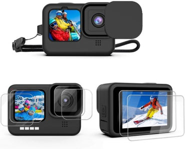 Safety Protection Kit, Tempered Glass + Lanyard + Sleeve + Cap Compatible with Gopro Hero12 / Hero 11 / Hero 10 / Hero 9