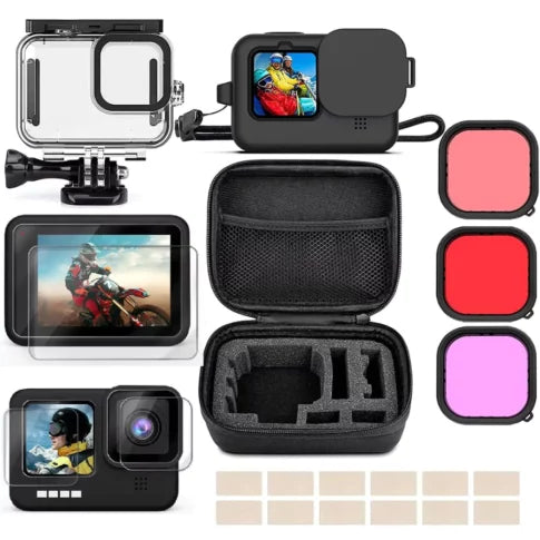 Underwater Dive Kit Compatible with Gopro Hero 12/11/10/9, Waterproof Case, Silicone Cover, Screen Guard and Lens Filter Set