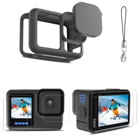 Gopro Hero 13 Safety Protection Kit – Silicone Lanyard Sleeve Cover + 6 PCS Tempered Glass Screen Guard